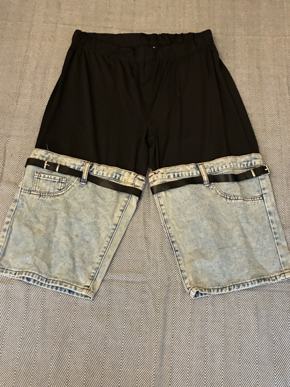 Two-Tone Black & Light Wash Denim Shorts